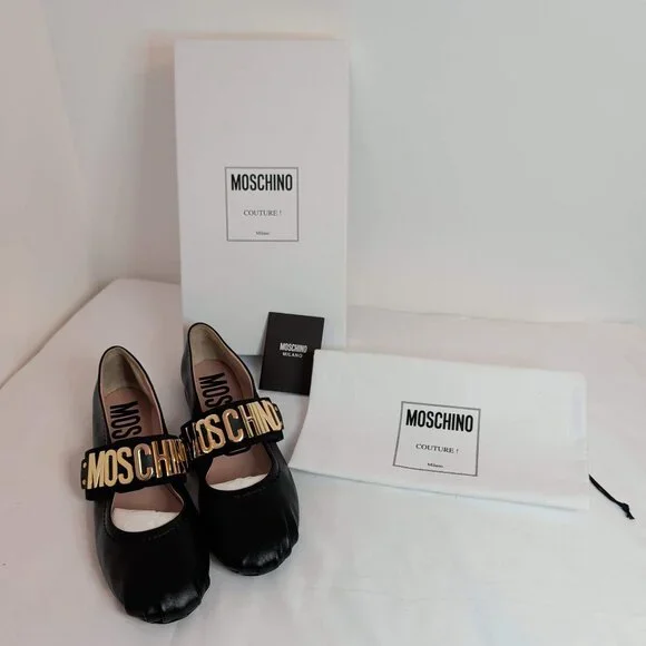 Moschino Couture Leather Ballet Flats With Gold Metal Letter Logo Sz 39 - Picture 3 of 10